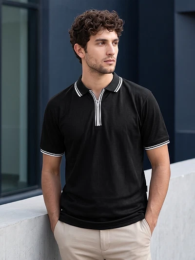 Black Texture Knit Zipper Polo T-shirt
