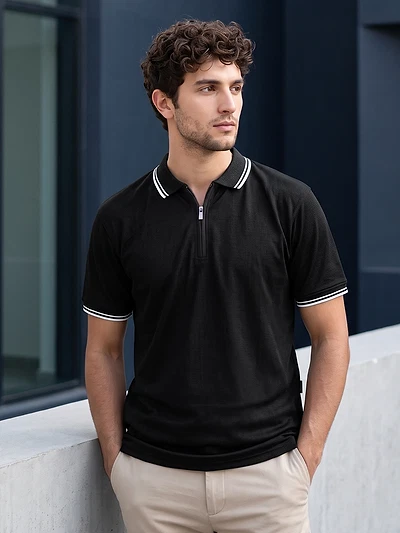 Black Texture Knit Zipper Polo T-shirt