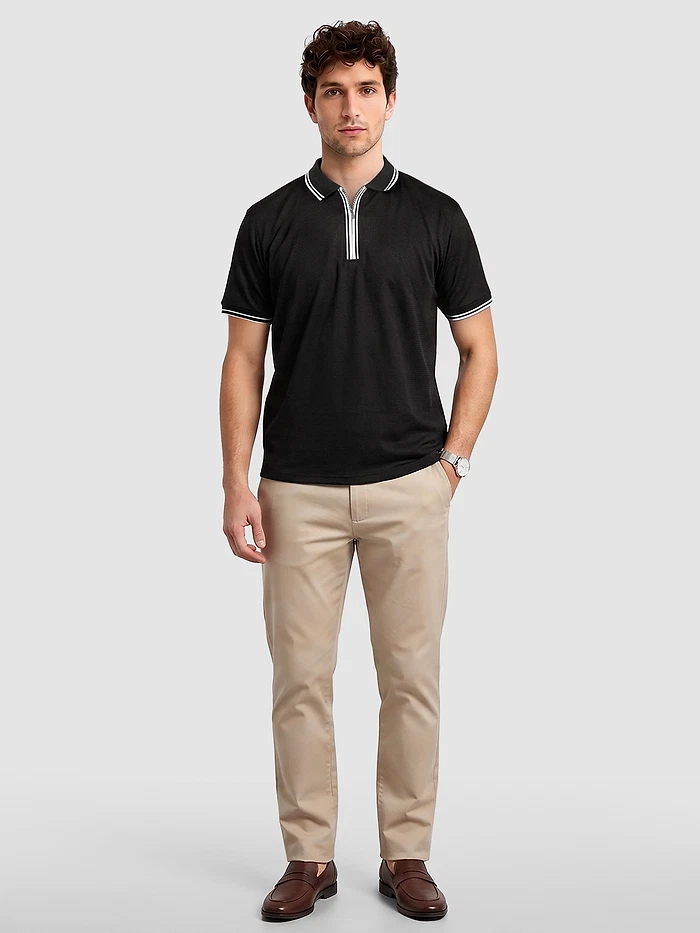 Black Texture Knit Zipper Polo T-shirt