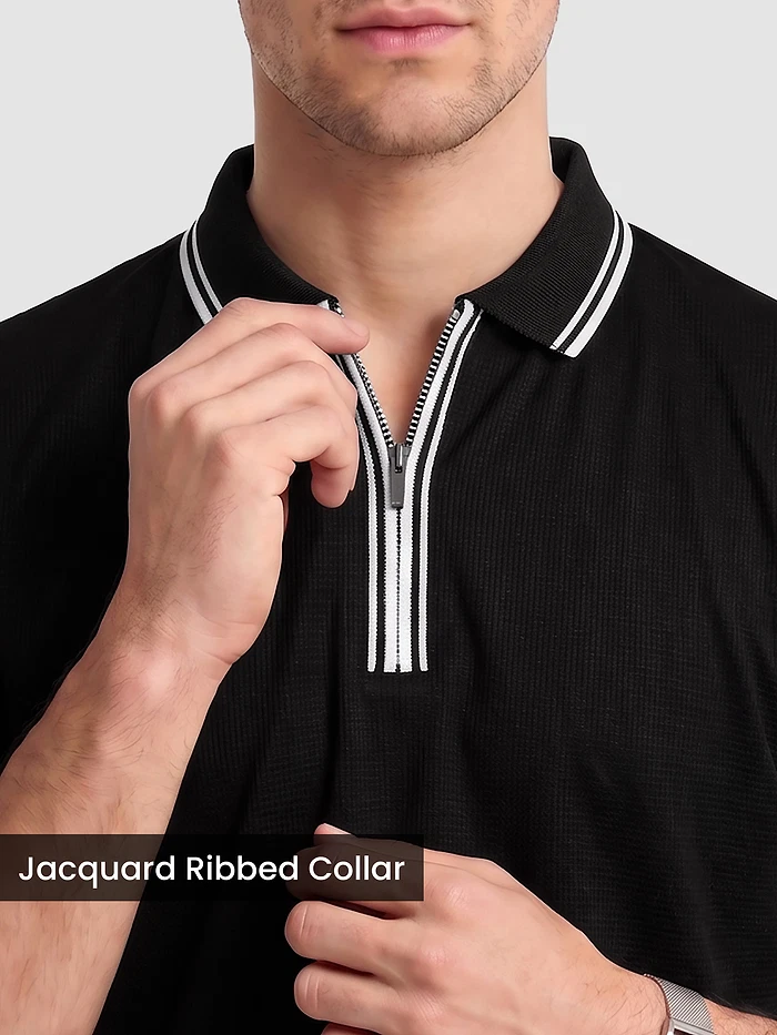 Black Texture Knit Zipper Polo T-shirt