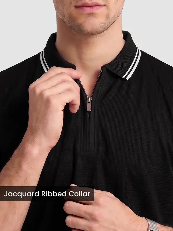 Black Texture Knit Zipper Polo T-shirt