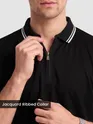 Black Texture Knit Zipper Polo T-shirt