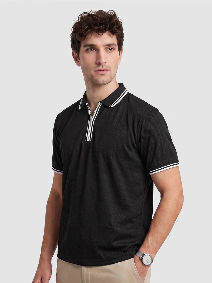 Black Texture Knit Zipper Polo T-shirt