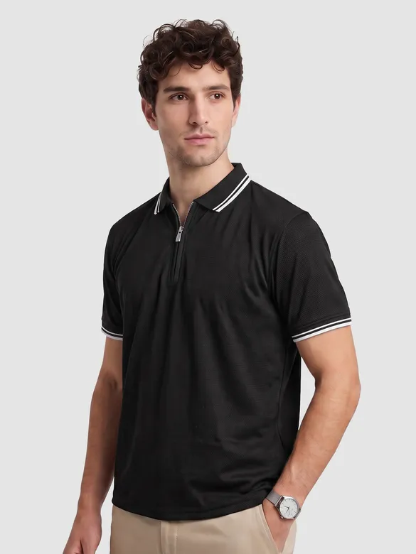 Black Texture Knit Zipper Polo T-shirt