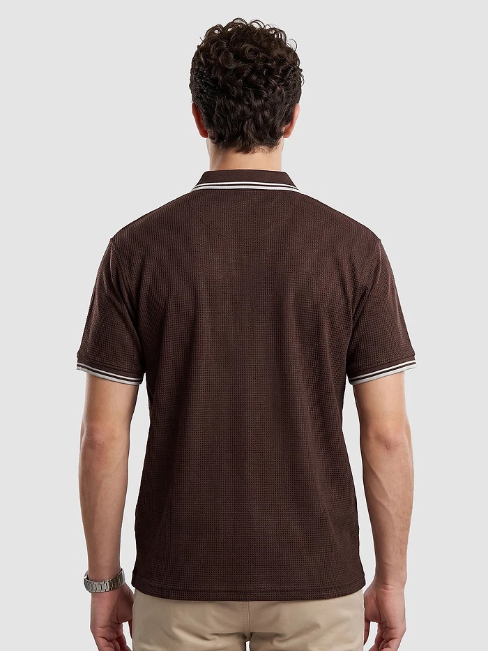 Brown Texture Knit Zipper Polo T-shirt