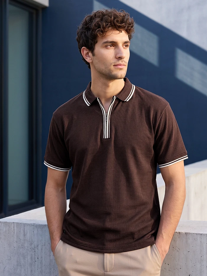 Brown Texture Knit Zipper Polo T-shirt