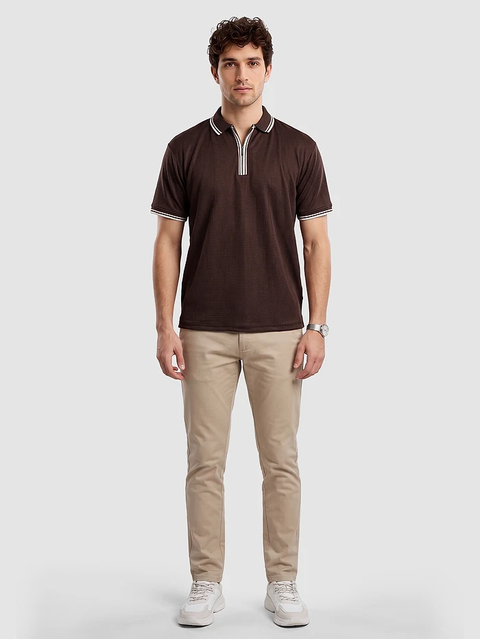Brown Texture Knit Zipper Polo T-shirt