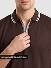 Brown Texture Knit Zipper Polo T-shirt
