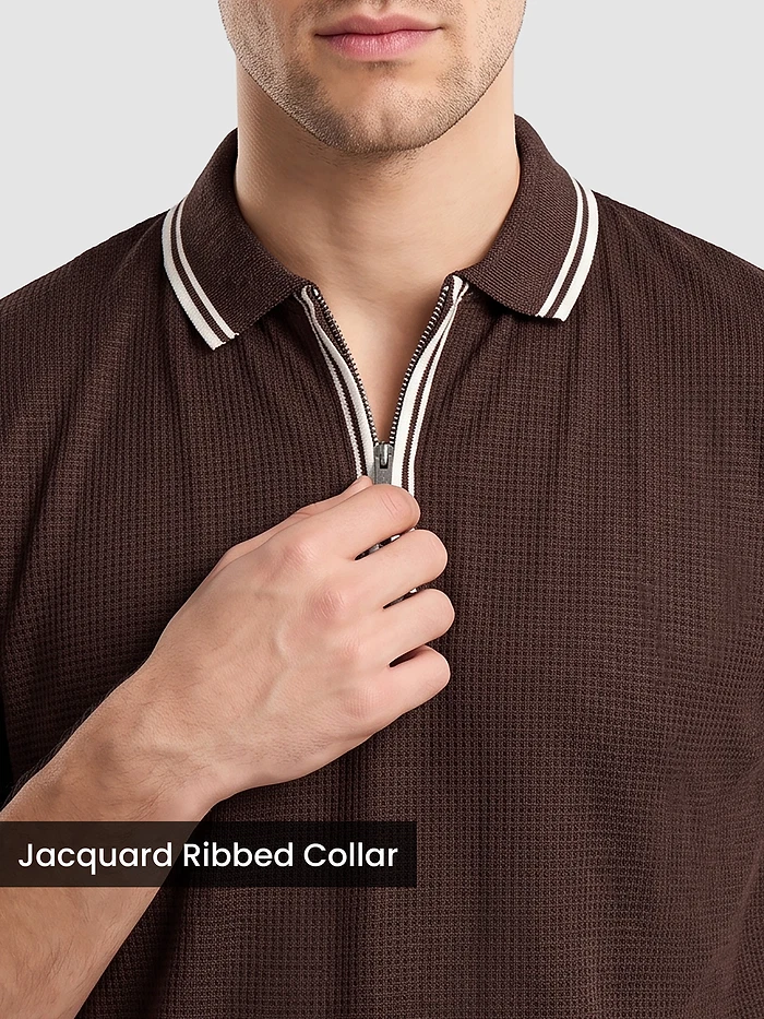Brown Texture Knit Zipper Polo T-shirt