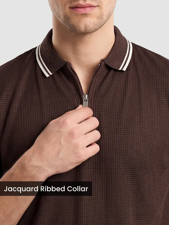 Brown Texture Knit Zipper Polo T-shirt
