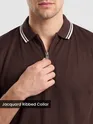 Brown Texture Knit Zipper Polo T-shirt
