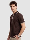 Brown Texture Knit Zipper Polo T-shirt