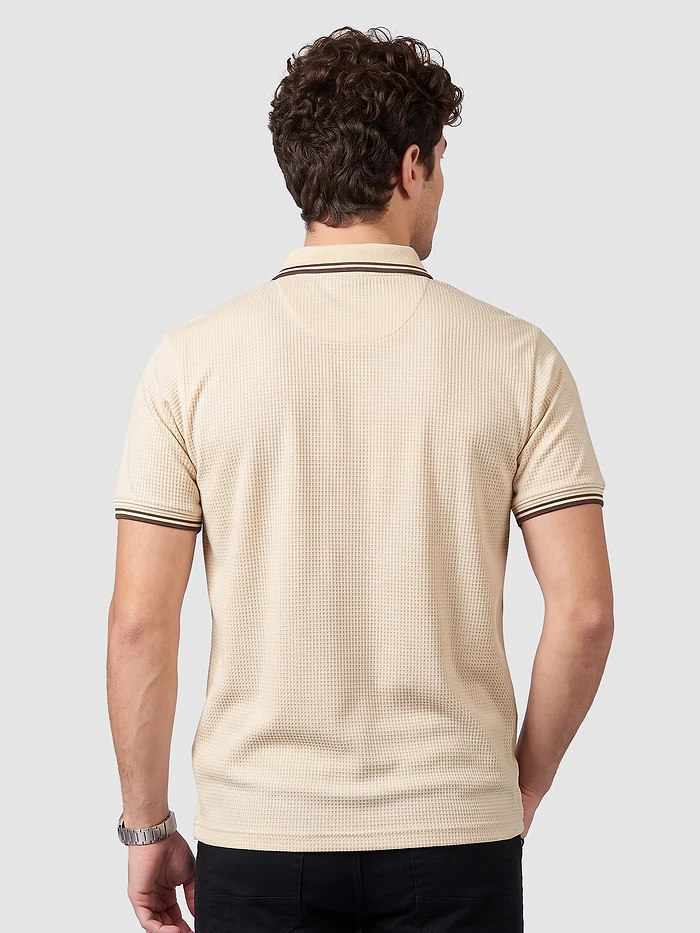 Cream Texture Knit Zipper Polo T-shirt