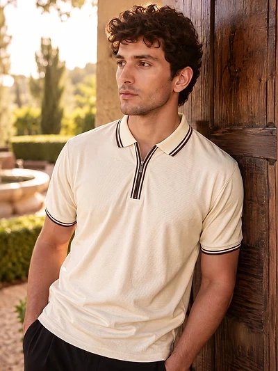 Cream Texture Knit Zipper Polo T-shirt