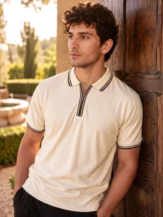 Cream Texture Knit Zipper Polo T-shirt