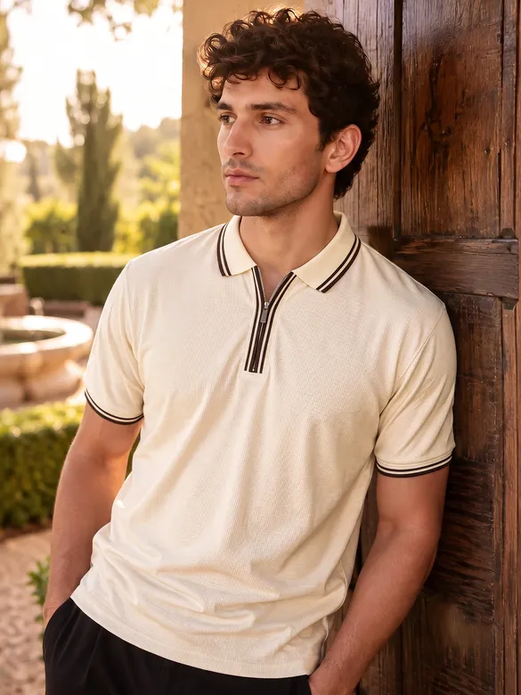 Cream Texture Knit Zipper Polo T-shirt