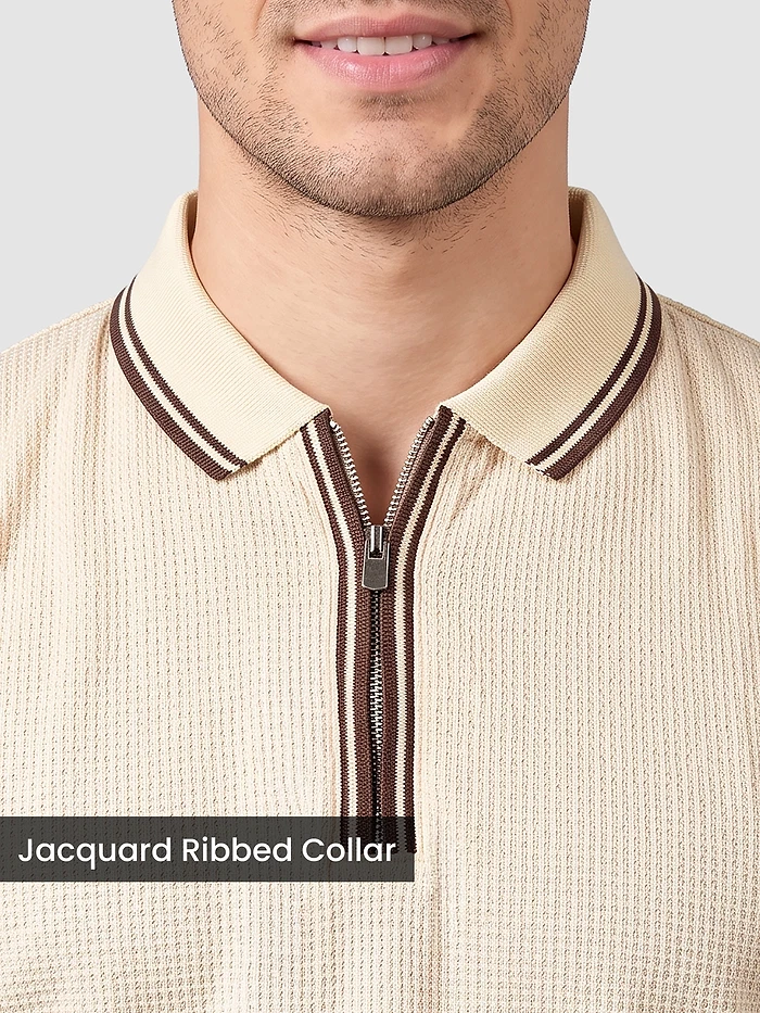 Cream Texture Knit Zipper Polo T-shirt