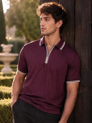 Wine Texture Knit Zipper Polo T-shirt