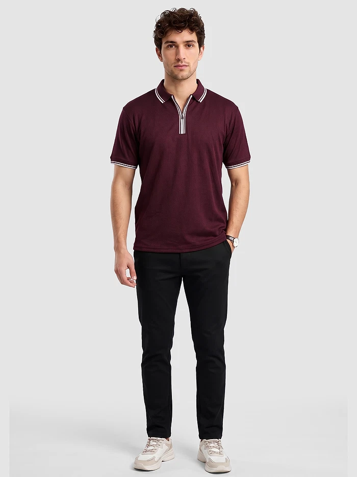 Wine Texture Knit Zipper Polo T-shirt