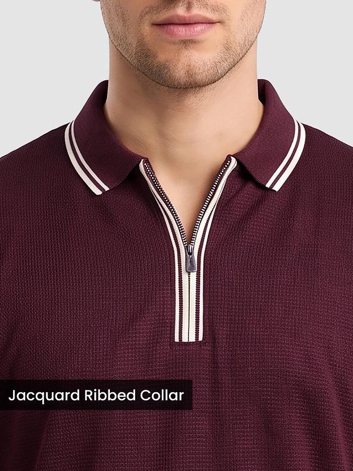 Wine Texture Knit Zipper Polo T-shirt