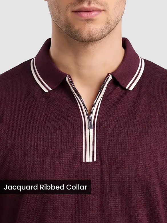 Wine Texture Knit Zipper Polo T-shirt
