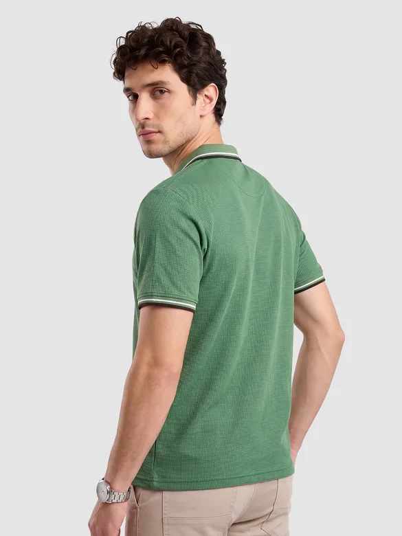 Sage Green Texture Knit Zipper Polo T-shirt