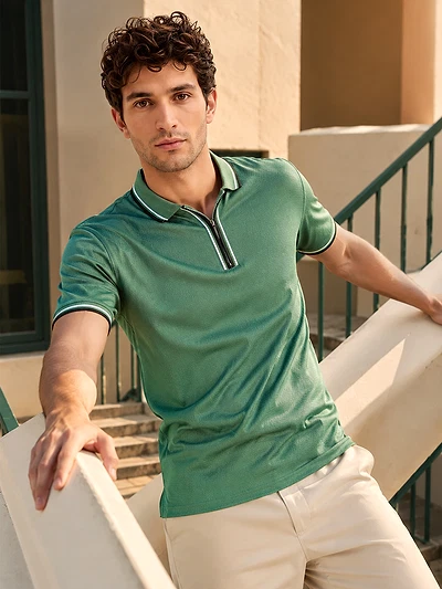 Sage Green Texture Knit Zipper Polo T-shirt