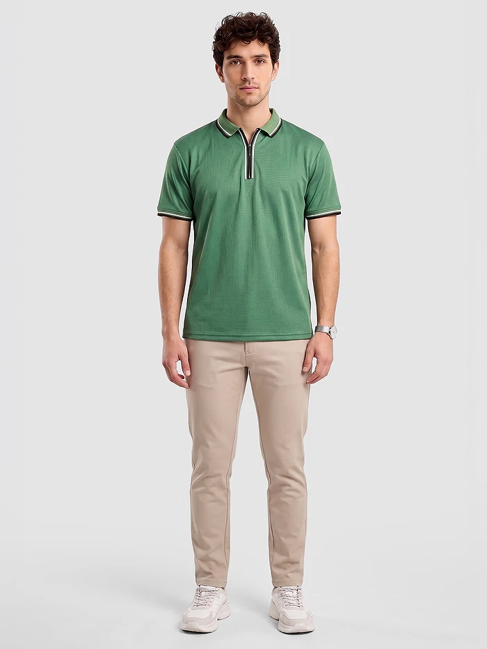 Sage Green Texture Knit Zipper Polo T-shirt