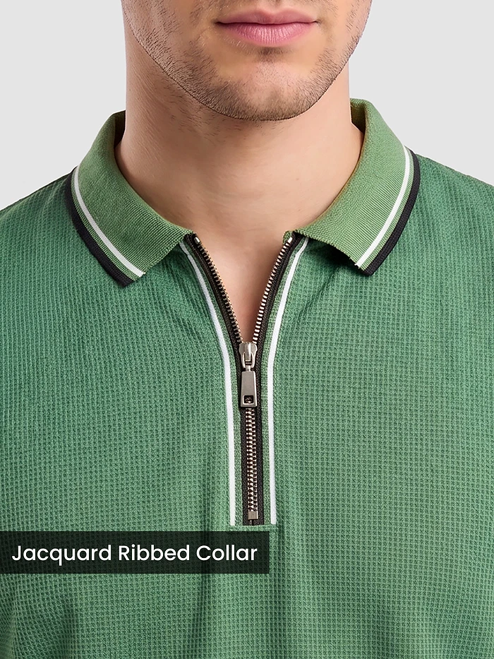 Sage Green Texture Knit Zipper Polo T-shirt