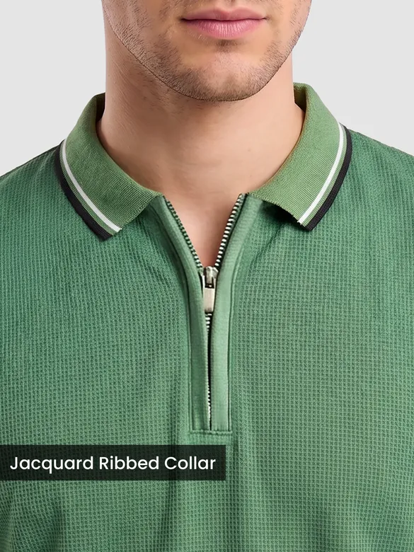 Sage Green Texture Knit Zipper Polo T-shirt
