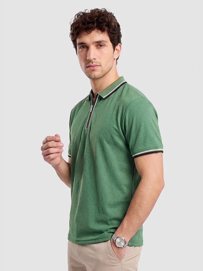 Sage Green Texture Knit Zipper Polo T-shirt