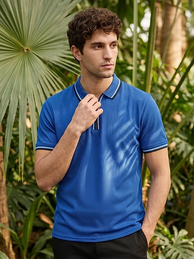 Royal Blue Texture Knit Zipper Polo T-shirt