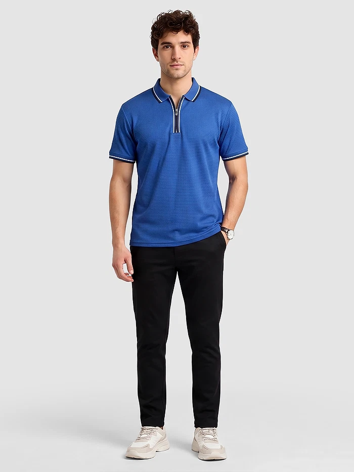 Royal Blue Texture Knit Zipper Polo T-shirt