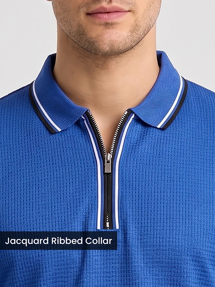 Royal Blue Texture Knit Zipper Polo T-shirt