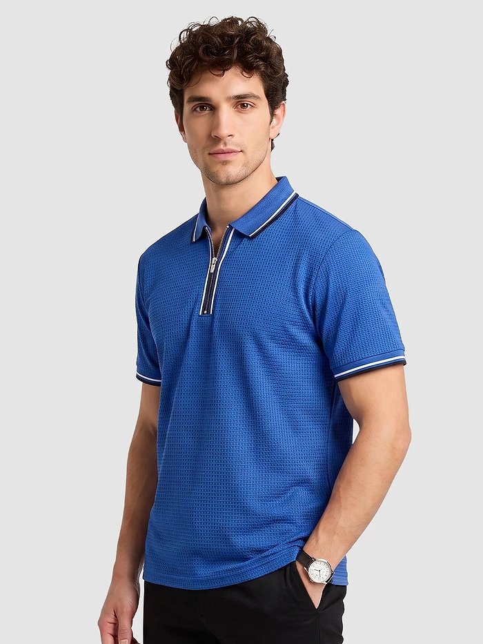 Royal Blue Texture Knit Zipper Polo T-shirt