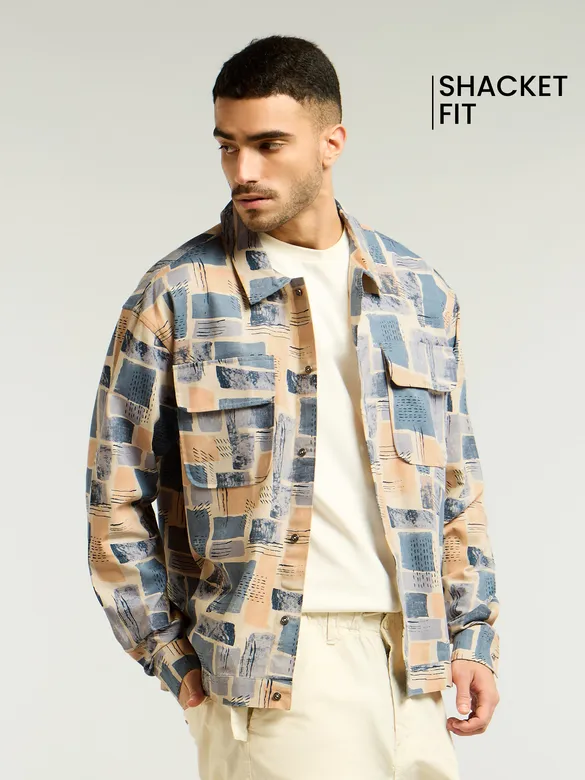 Stylish shacket for men featuring - peach and blue in color, 