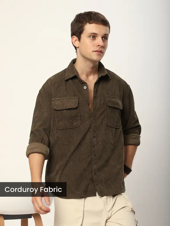 Dark Brown Tribal Textured Corduroy Shirt