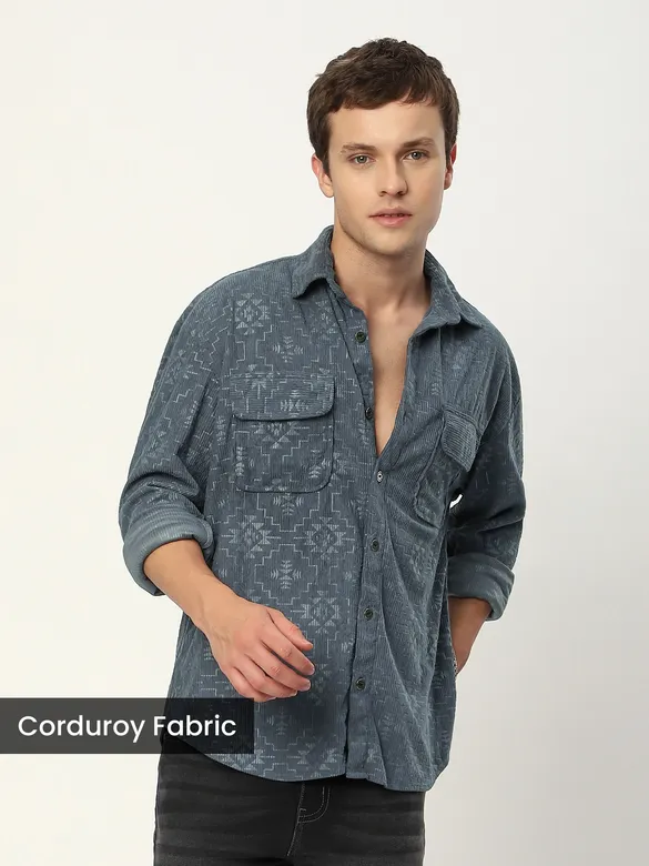 Grey Abstract Structured Corduroy Shirt
