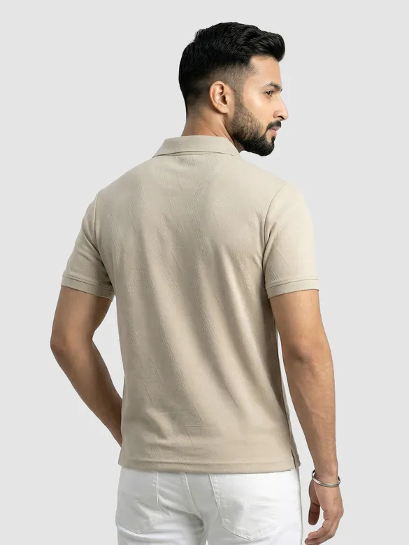 Beige Diamond Jacquard Textured Polo T-Shirt