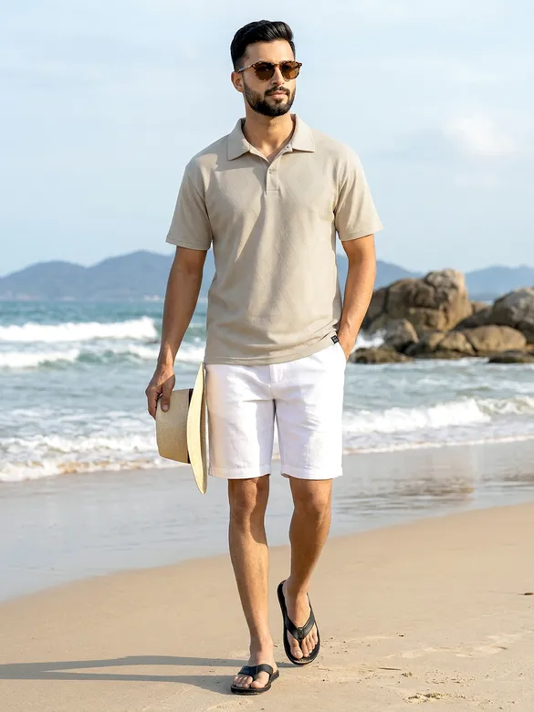 Beige Diamond Jacquard Textured Polo T-Shirt
