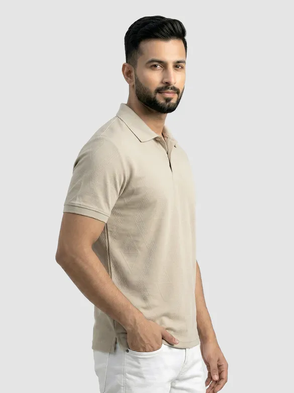 Beige Diamond Jacquard Textured Polo T-Shirt