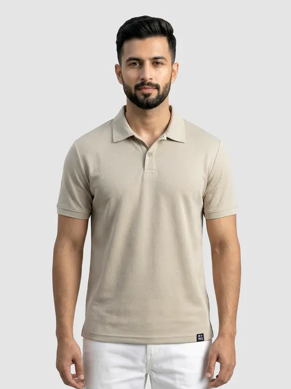 Beige Diamond Jacquard Textured Polo T-Shirt