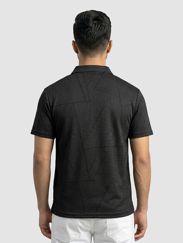 Black Abstract Jacquard Textured Polo T-Shirt