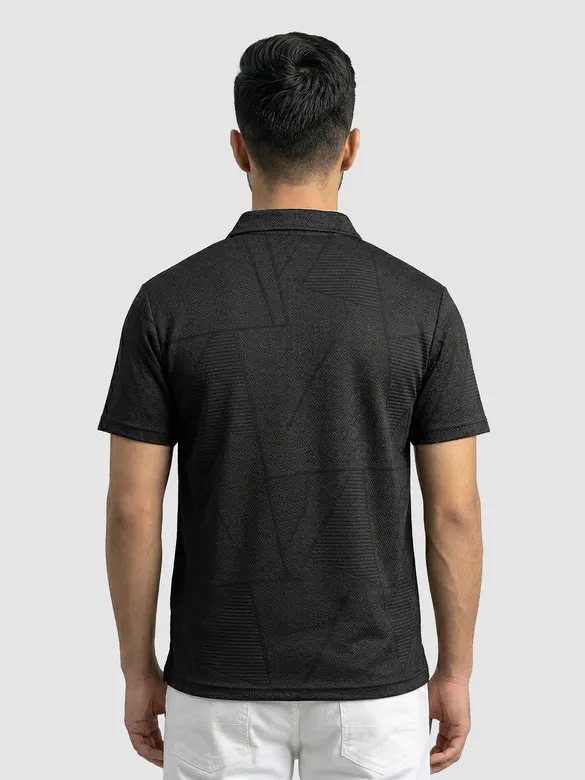 Black Abstract Jacquard Textured Polo T-Shirt