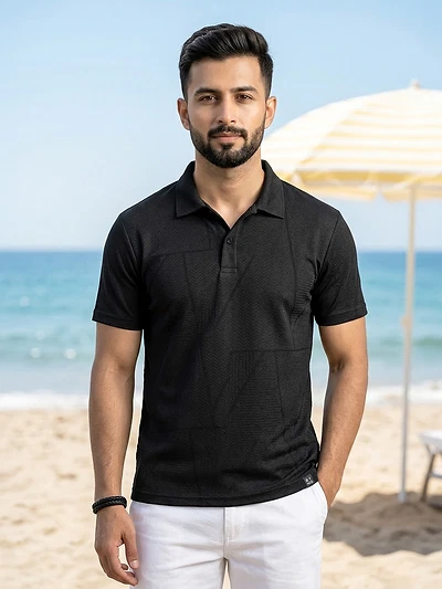 Black Abstract Jacquard Textured Polo T-Shirt