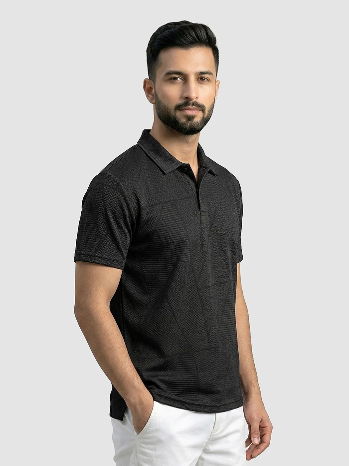 Black Abstract Jacquard Textured Polo T-Shirt