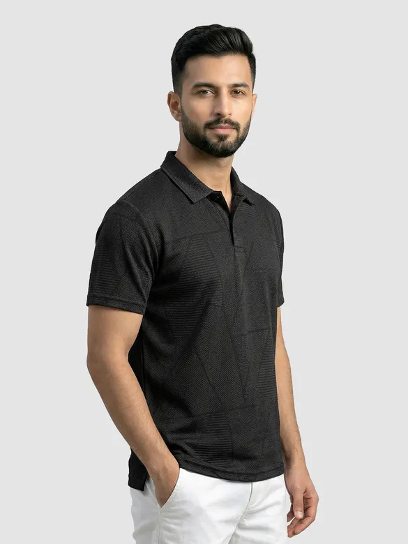 Black Abstract Jacquard Textured Polo T-Shirt