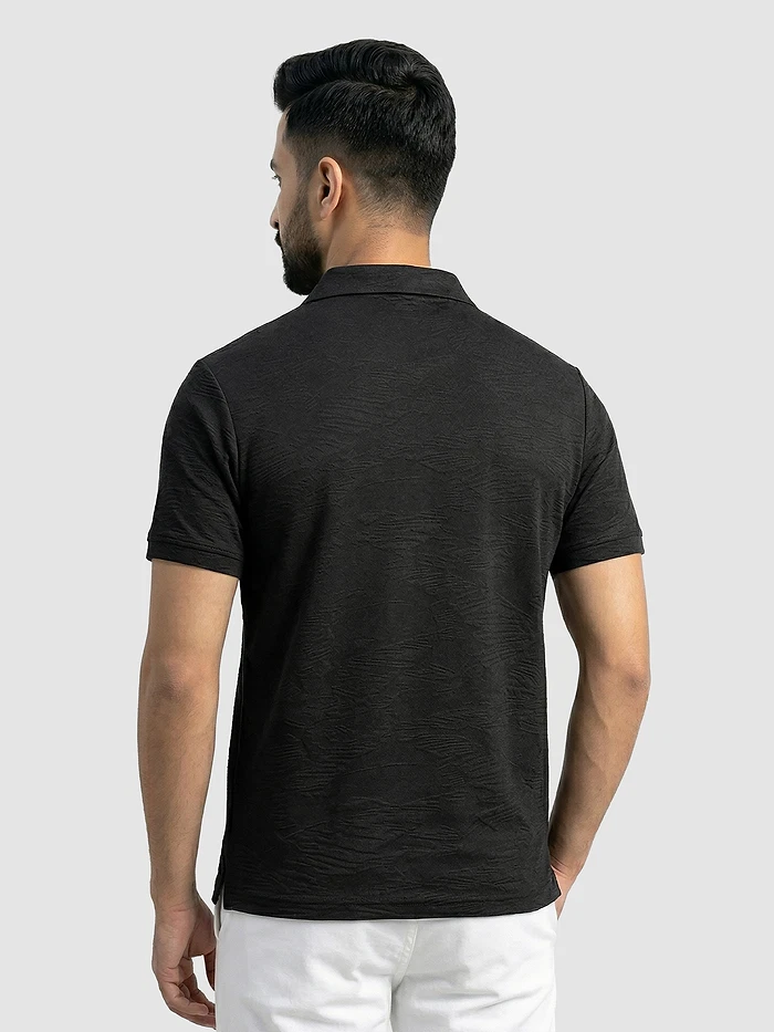 Black Brush Stroke Jacquard Textured Polo T-Shirt
