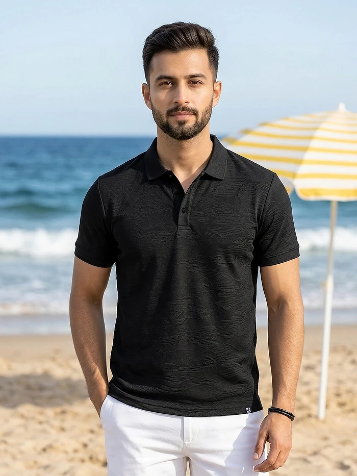 Black Brush Stroke Jacquard Textured Polo T-Shirt