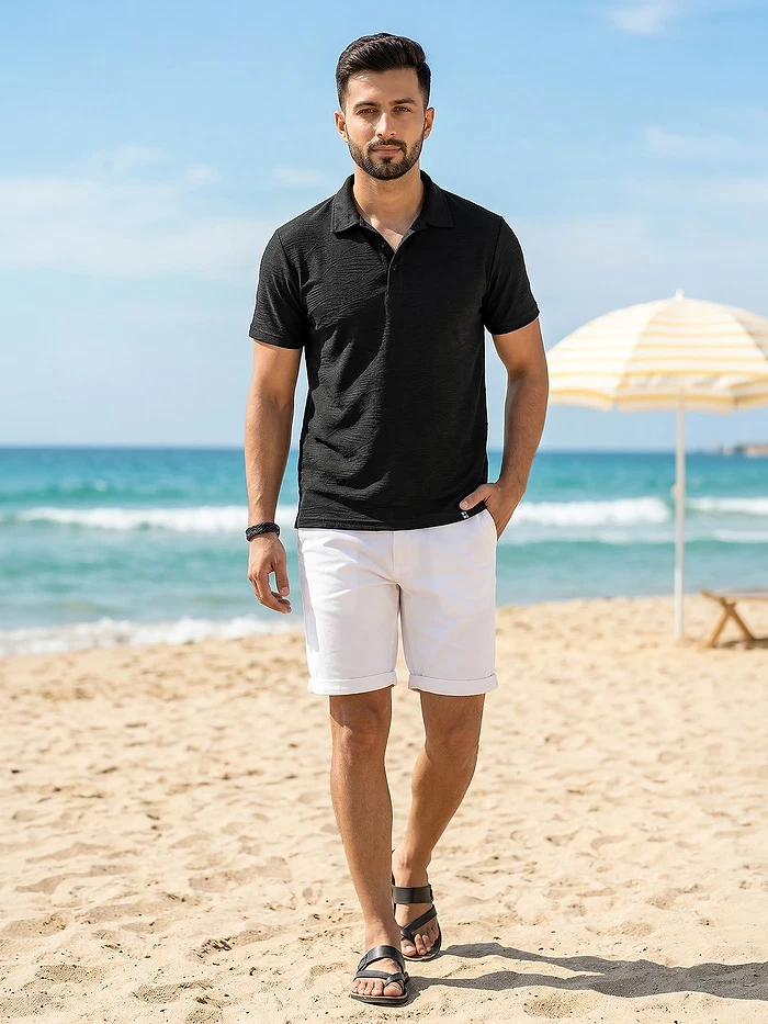 Black Brush Stroke Jacquard Textured Polo T-Shirt